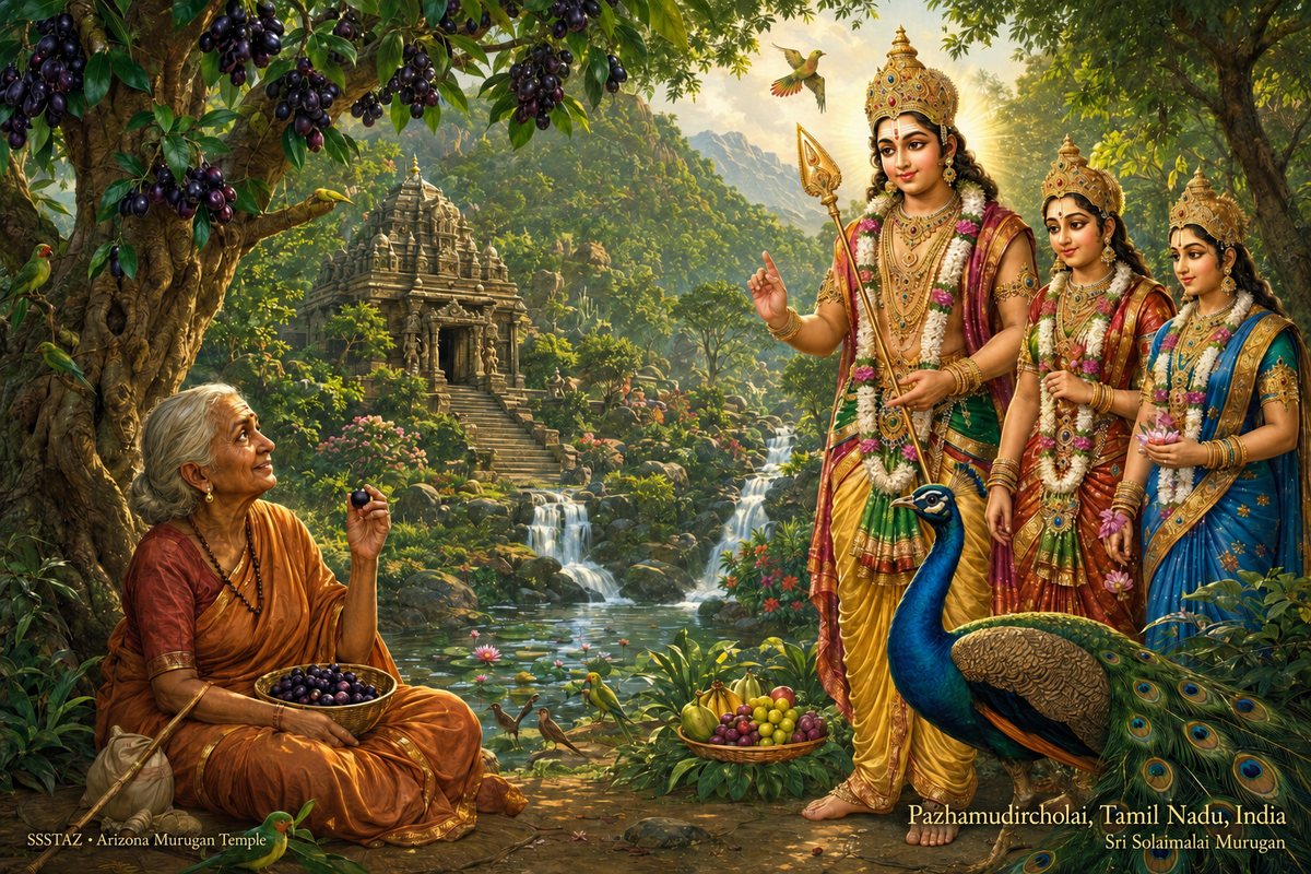 Devotional illustration of Sri Solaimalai Murugan with Valli and Deivanai in the fruit grove of Pazhamudircholai, with Avvaiyar seated beneath a jamun tree
