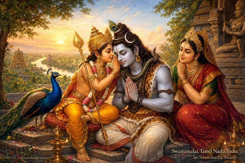 Devotional illustration of the child Murugan whispering the meaning of Om to Lord Shiva at Swamimalai, with Parvati and a peacock beside them