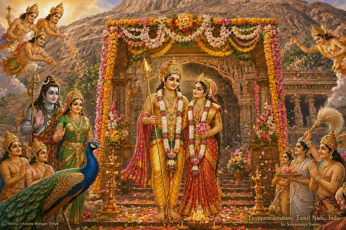 Devotional illustration of the sacred marriage of Lord Murugan and Deivanai at Tirupparankundram, with Shiva, Parvati, a peacock and celestials showering flowers