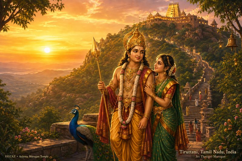 Devotional illustration of Sri Thanigai Murugan with Valli on the peaceful Tiruttani hill at sunset, with the lit hill temple and pilgrims on the steps