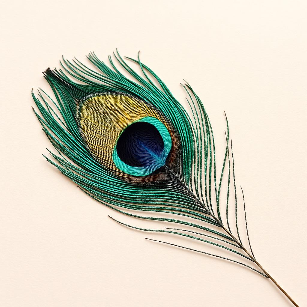 A peacock feather resting on ivory sandalwood-toned paper