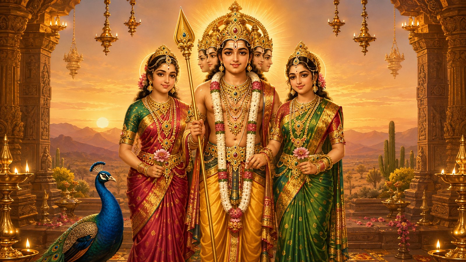 Devotional illustration of Sri Subramanya Swamy holding the golden Vel, standing with Valli and Deivanai before a temple hall, with a peacock and the Arizona desert at sunset